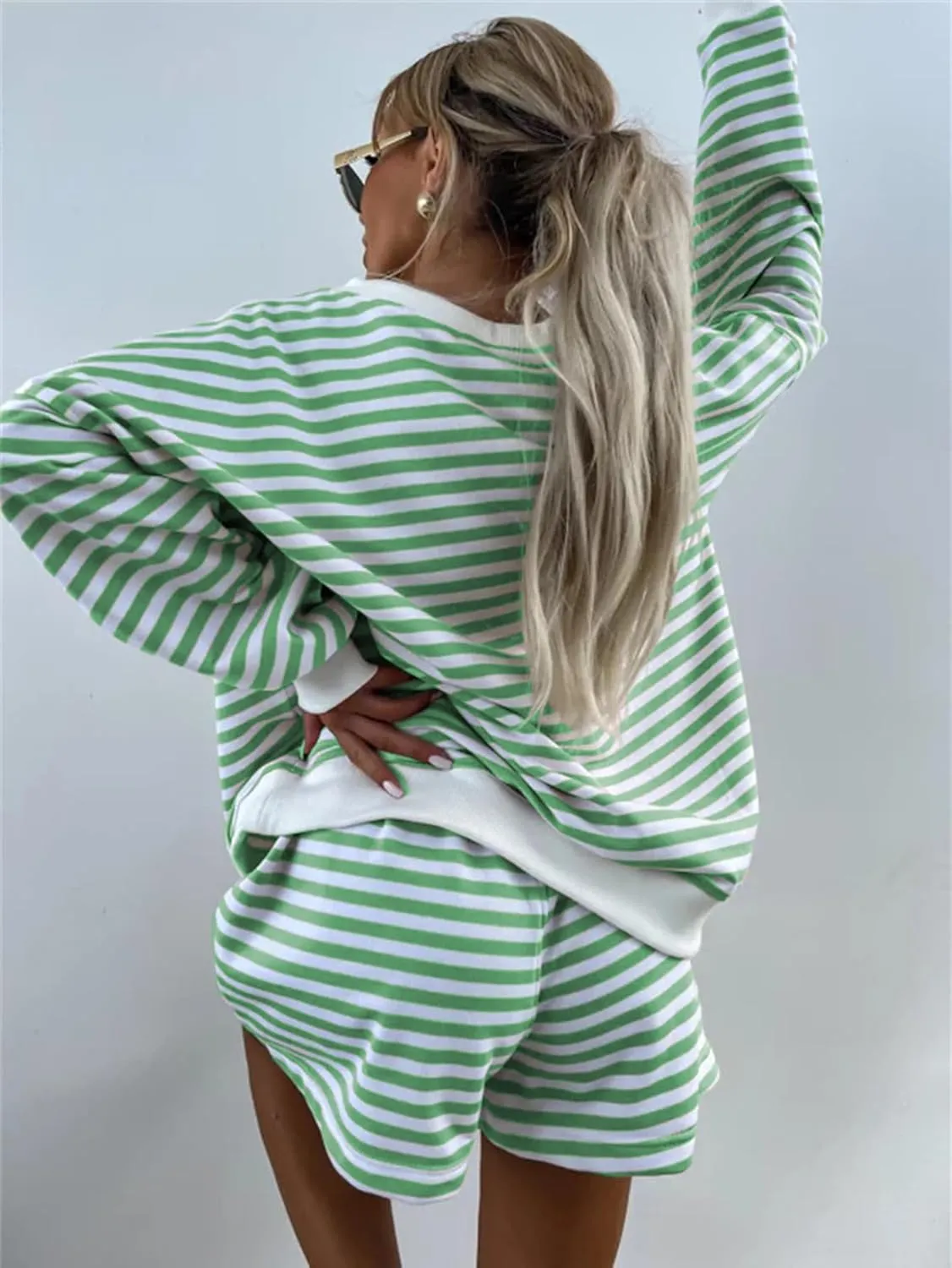 Melliflo Women 2 Piece Outfits Lounge Sets Striped Print Long Sleeve V Neck Sweatshirt and Shorts Set Fall Sweatsuit