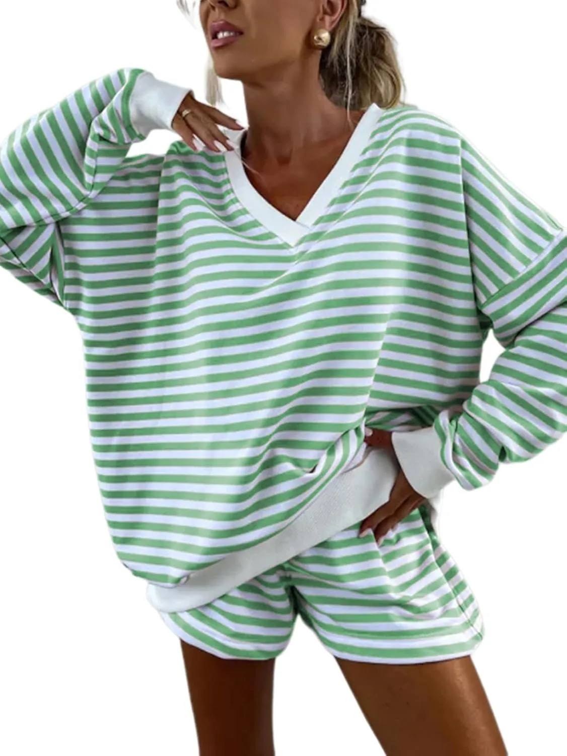 Melliflo Women 2 Piece Outfits Lounge Sets Striped Print Long Sleeve V Neck Sweatshirt and Shorts Set Fall Sweatsuit