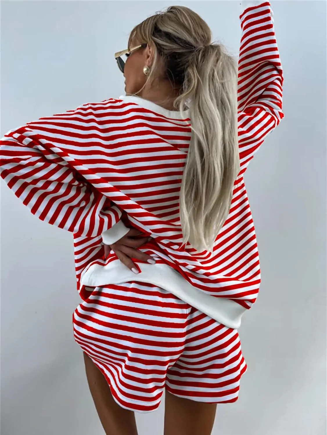 Melliflo Women 2 Piece Outfits Lounge Sets Striped Print Long Sleeve V Neck Sweatshirt and Shorts Set Fall Sweatsuit