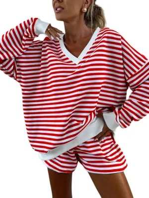 Melliflo Women 2 Piece Outfits Lounge Sets Striped Print Long Sleeve V Neck Sweatshirt and Shorts Set Fall Sweatsuit