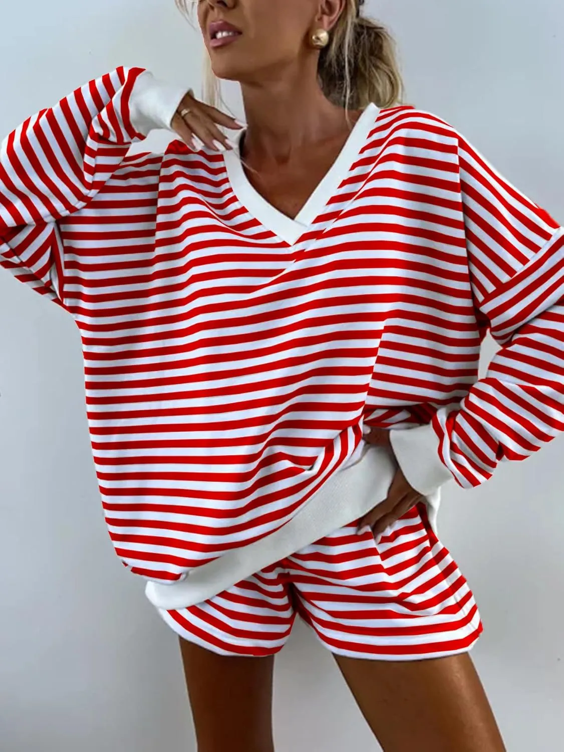 Melliflo Women 2 Piece Outfits Lounge Sets Striped Print Long Sleeve V Neck Sweatshirt and Shorts Set Fall Sweatsuit