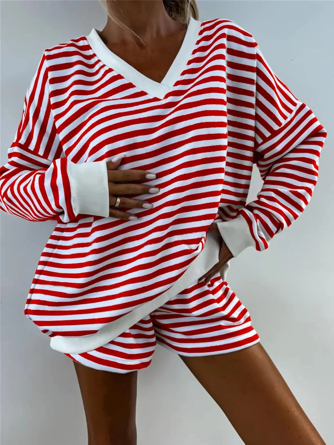 Melliflo Women 2 Piece Outfits Lounge Sets Striped Print Long Sleeve V Neck Sweatshirt and Shorts Set Fall Sweatsuit
