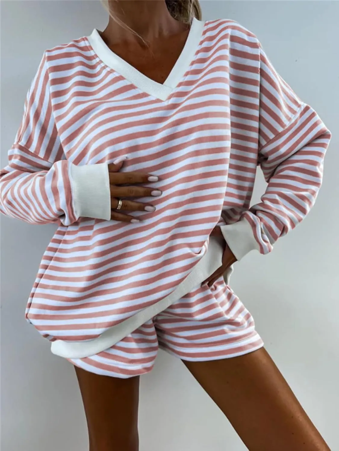 Melliflo Women 2 Piece Outfits Lounge Sets Striped Print Long Sleeve V Neck Sweatshirt and Shorts Set Fall Sweatsuit