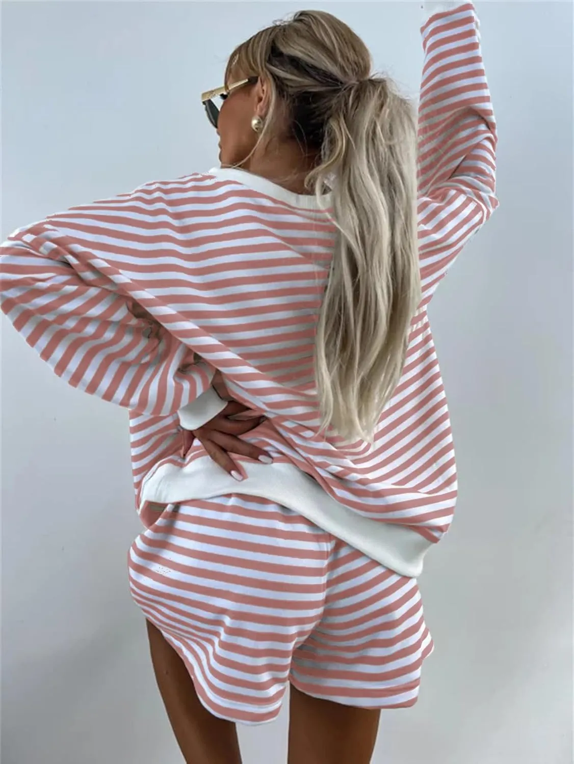 Melliflo Women 2 Piece Outfits Lounge Sets Striped Print Long Sleeve V Neck Sweatshirt and Shorts Set Fall Sweatsuit