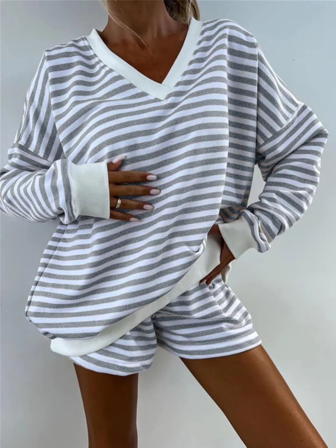 Melliflo Women 2 Piece Outfits Lounge Sets Striped Print Long Sleeve V Neck Sweatshirt and Shorts Set Fall Sweatsuit