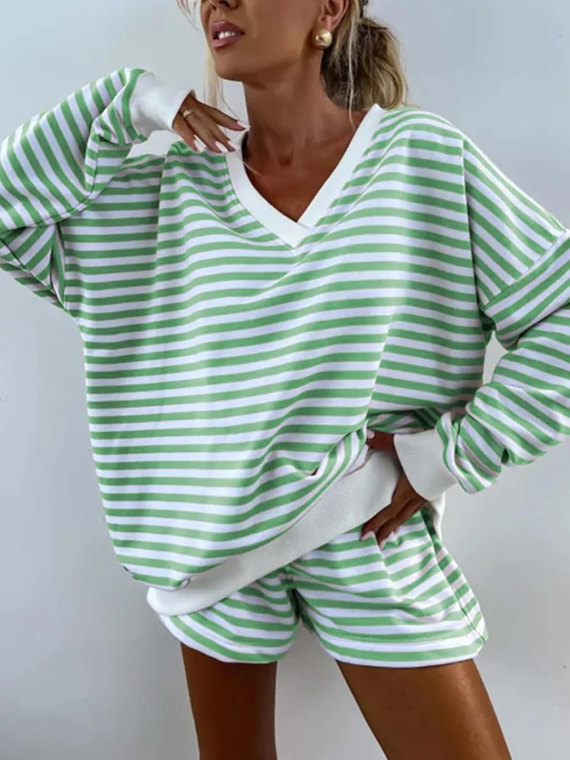 Melliflo Women 2 Piece Outfits Lounge Sets Striped Print Long Sleeve V Neck Sweatshirt and Shorts Set Fall Sweatsuit