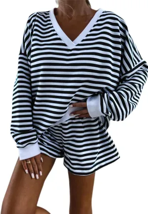 Melliflo Women 2 Piece Outfits Lounge Sets Striped Print Long Sleeve V Neck Sweatshirt and Shorts Set Fall Sweatsuit