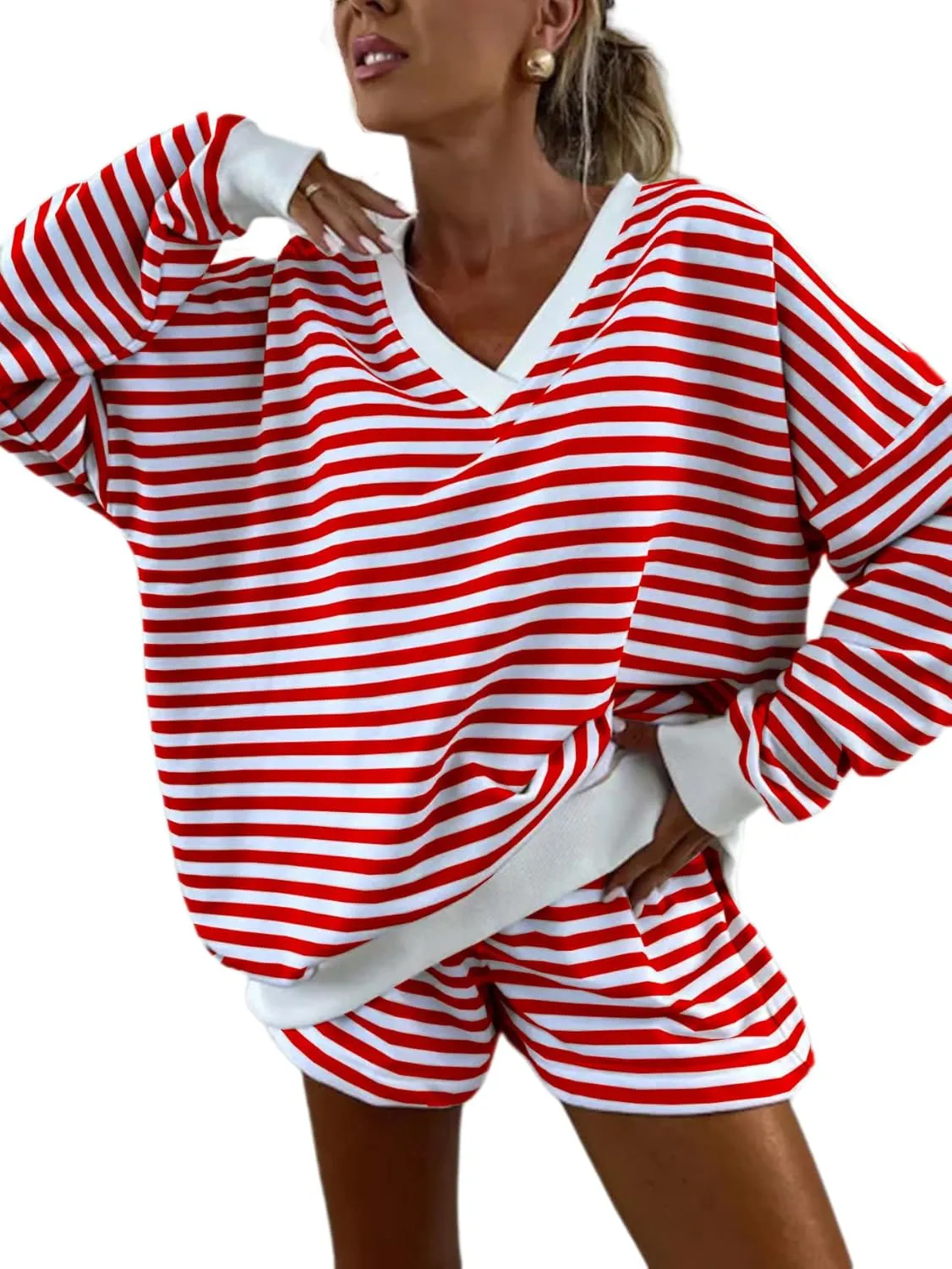 Melliflo Women 2 Piece Outfits Lounge Sets Striped Print Long Sleeve V Neck Sweatshirt and Shorts Set Fall Sweatsuit