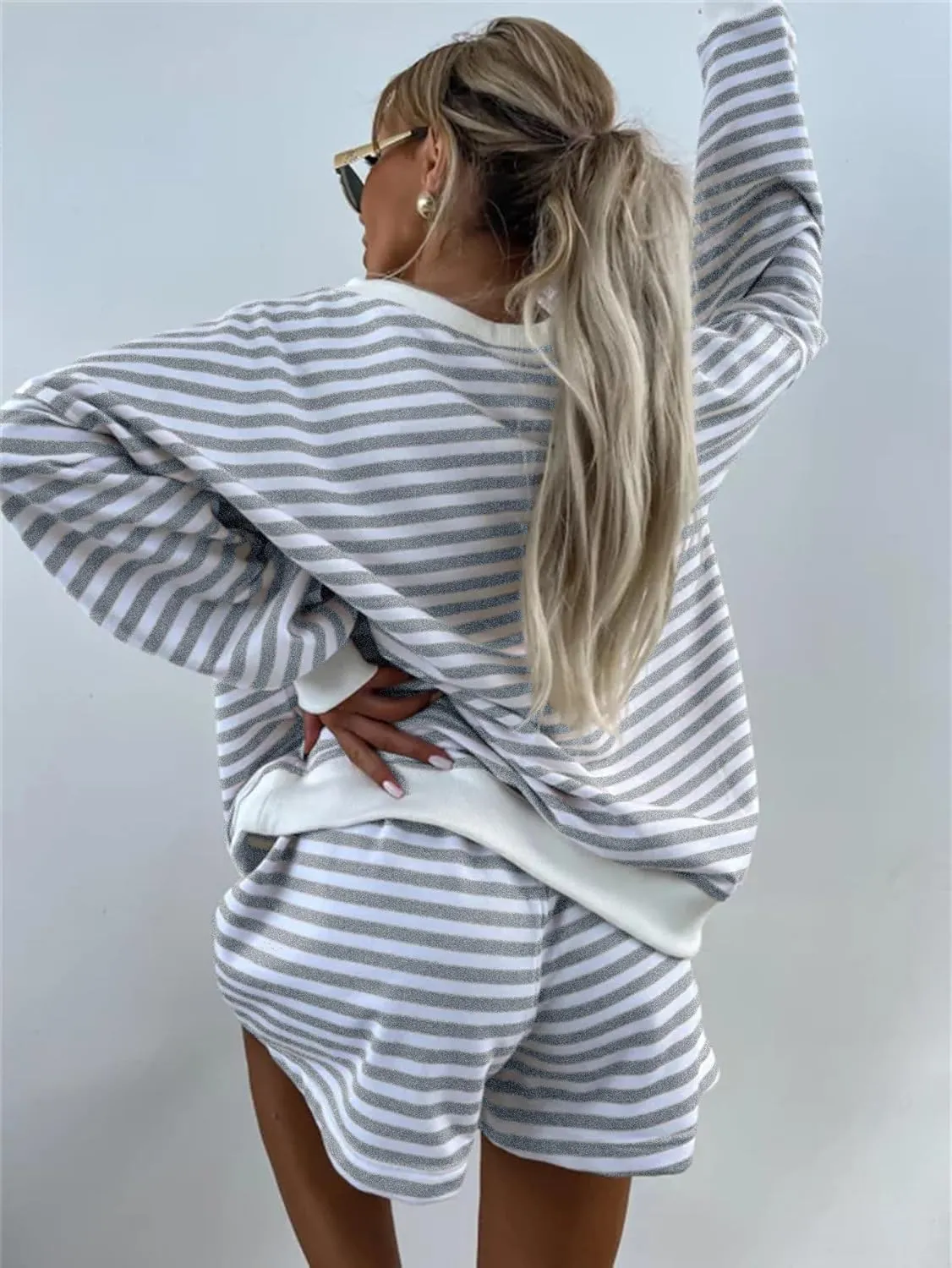 Melliflo Women 2 Piece Outfits Lounge Sets Striped Print Long Sleeve V Neck Sweatshirt and Shorts Set Fall Sweatsuit