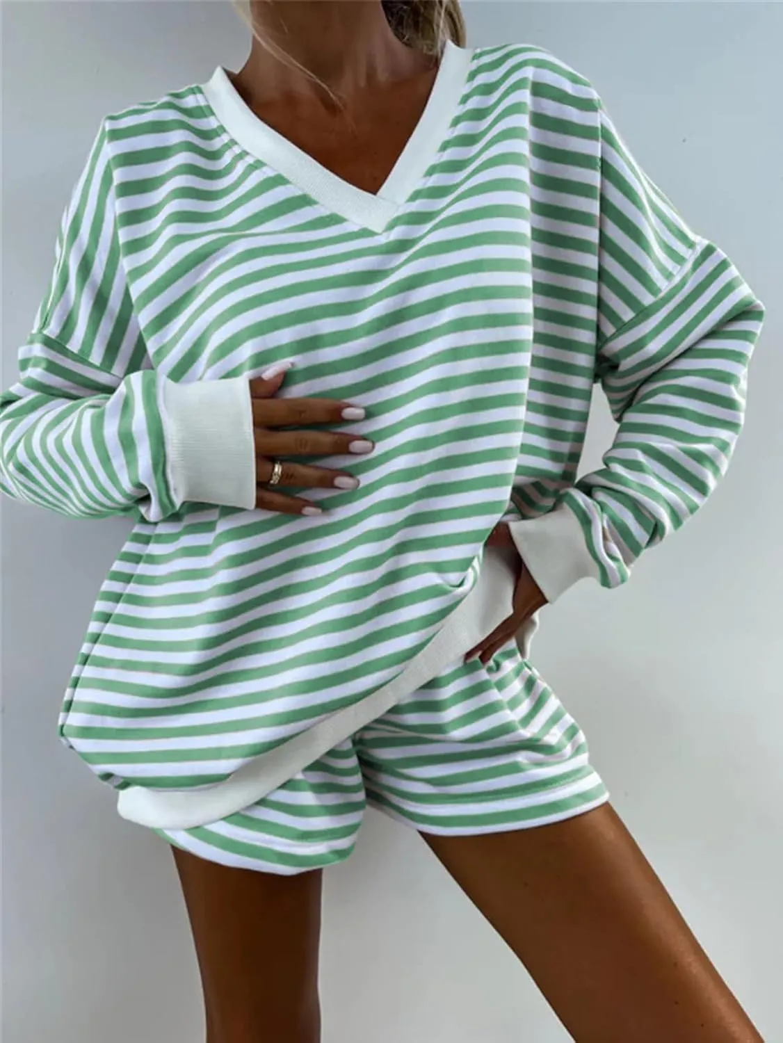 Melliflo Women 2 Piece Outfits Lounge Sets Striped Print Long Sleeve V Neck Sweatshirt and Shorts Set Fall Sweatsuit