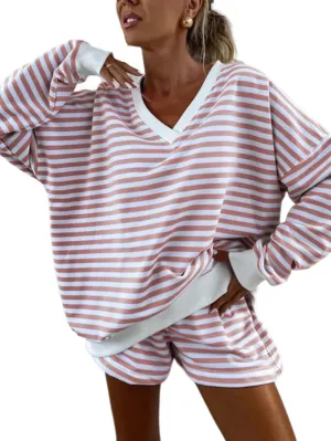 Melliflo Women 2 Piece Outfits Lounge Sets Striped Print Long Sleeve V Neck Sweatshirt and Shorts Set Fall Sweatsuit