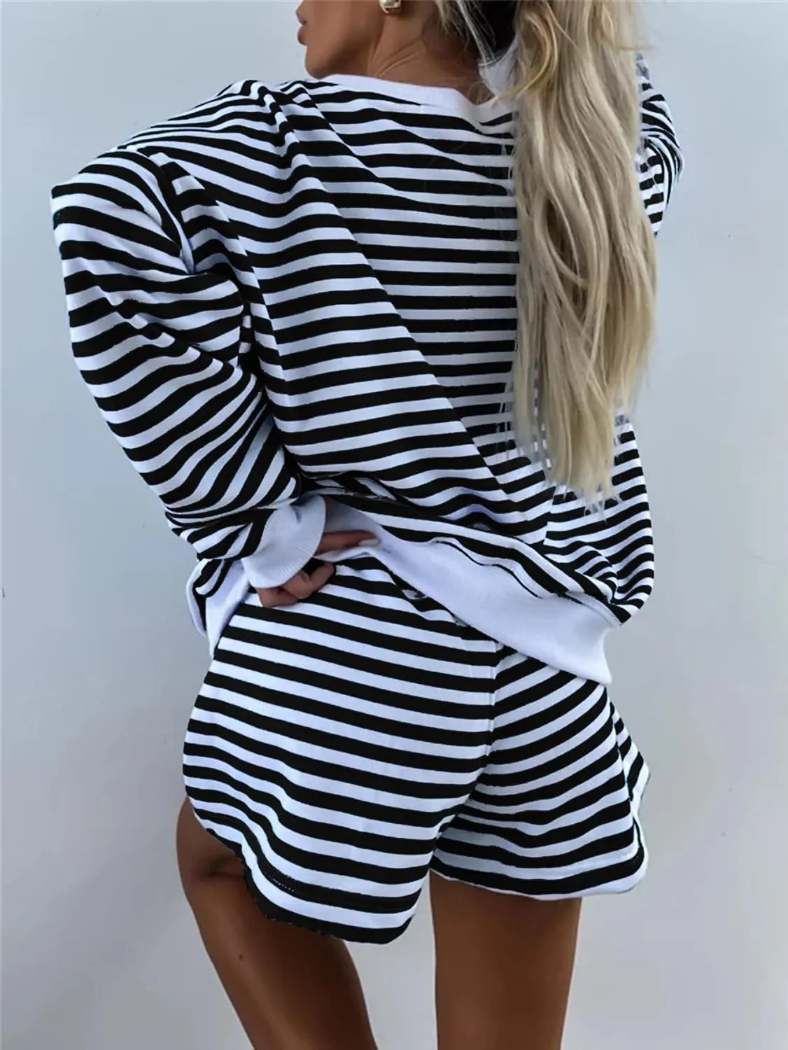 Melliflo Women 2 Piece Outfits Lounge Sets Striped Print Long Sleeve V Neck Sweatshirt and Shorts Set Fall Sweatsuit