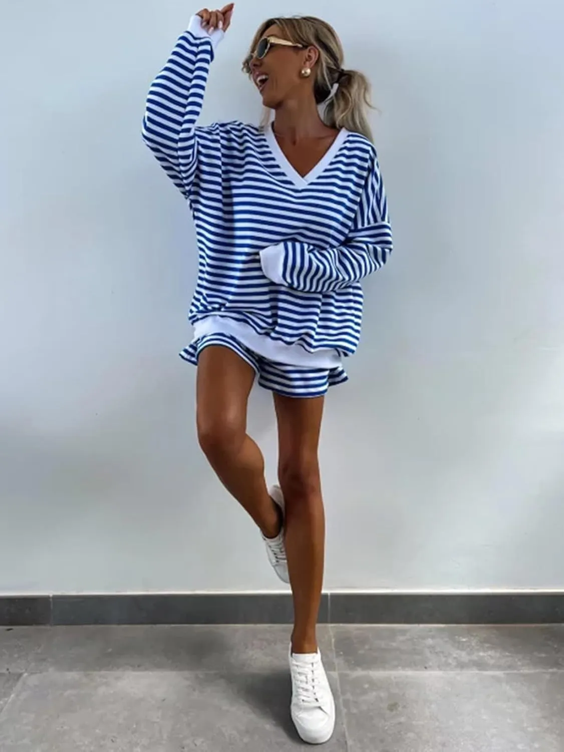 Melliflo Women 2 Piece Outfits Lounge Sets Striped Print Long Sleeve V Neck Sweatshirt and Shorts Set Fall Sweatsuit