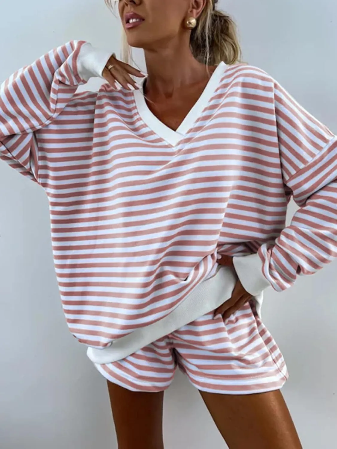 Melliflo Women 2 Piece Outfits Lounge Sets Striped Print Long Sleeve V Neck Sweatshirt and Shorts Set Fall Sweatsuit
