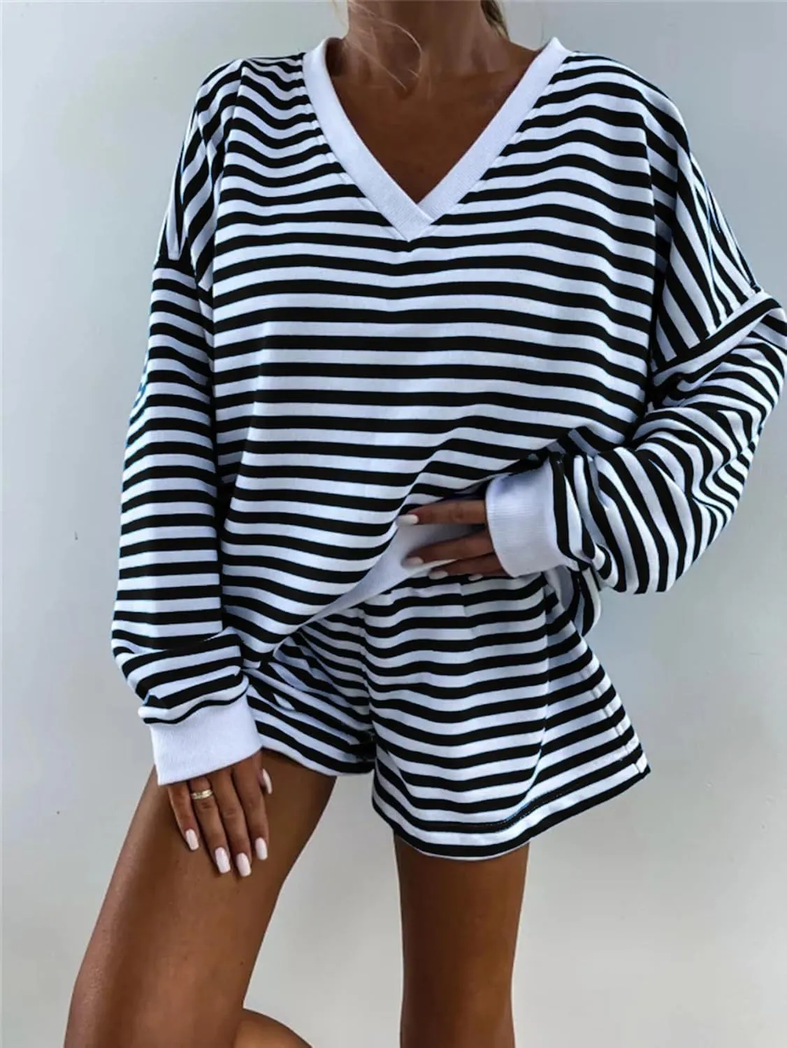 Melliflo Women 2 Piece Outfits Lounge Sets Striped Print Long Sleeve V Neck Sweatshirt and Shorts Set Fall Sweatsuit