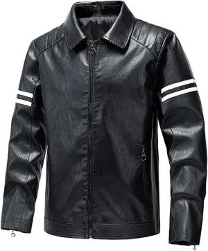 Men's Faux Leather Jacket Vintage Lapel Zipper Striped Pocketed Thermal Winter Fashion Casual Silm Fit Biker Jacket