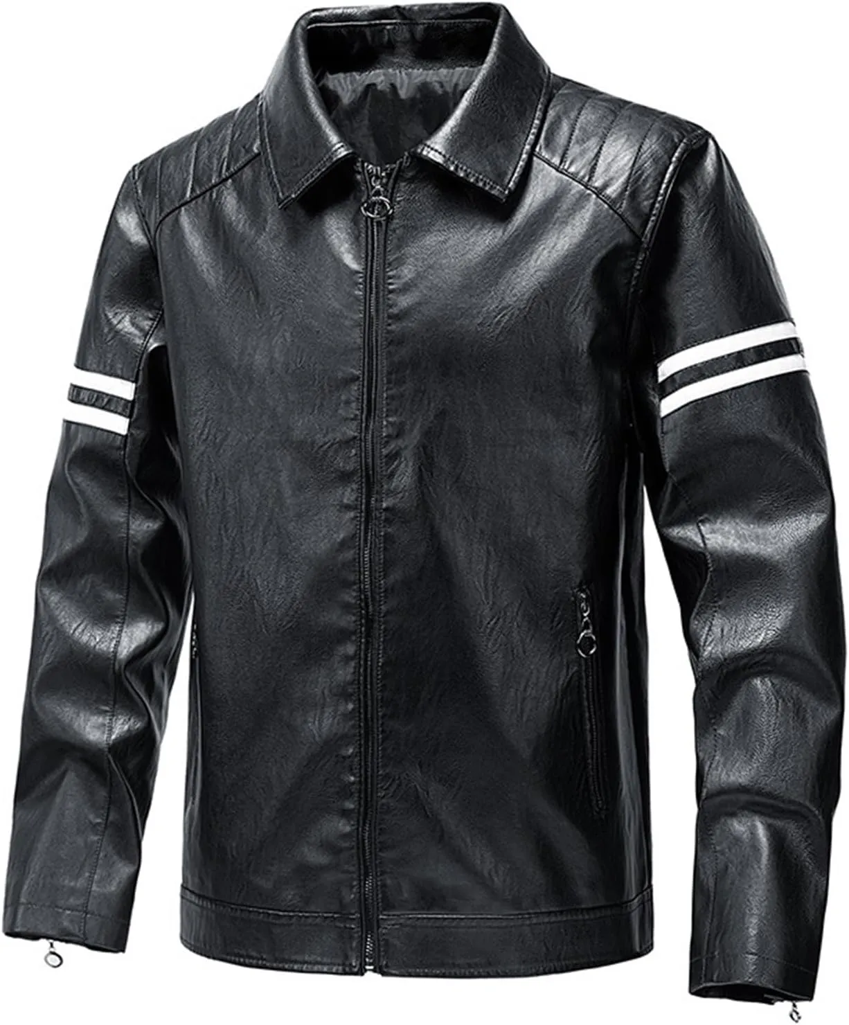 Men's Faux Leather Jacket Vintage Lapel Zipper Striped Pocketed Thermal Winter Fashion Casual Silm Fit Biker Jacket