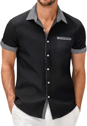 Men's Houndstooth Shirt Short Sleeve Button Down Casual Business Top Pocket Breathable Summer Office Work Smart Casual Tee