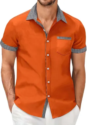 Men's Houndstooth Shirt Short Sleeve Button Down Casual Business Top Pocket Breathable Summer Office Work Smart Casual Tee