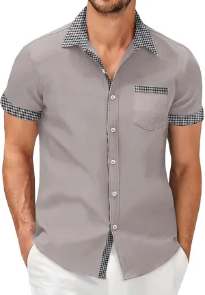 Men's Houndstooth Shirt Short Sleeve Button Down Casual Business Top Pocket Breathable Summer Office Work Smart Casual Tee