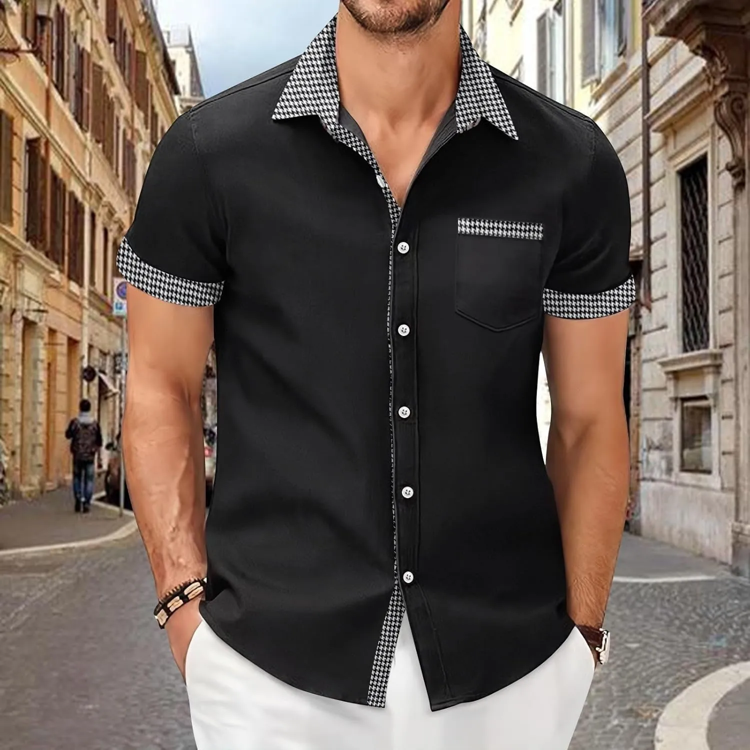 Men's Houndstooth Shirt Short Sleeve Button Down Casual Business Top Pocket Breathable Summer Office Work Smart Casual Tee