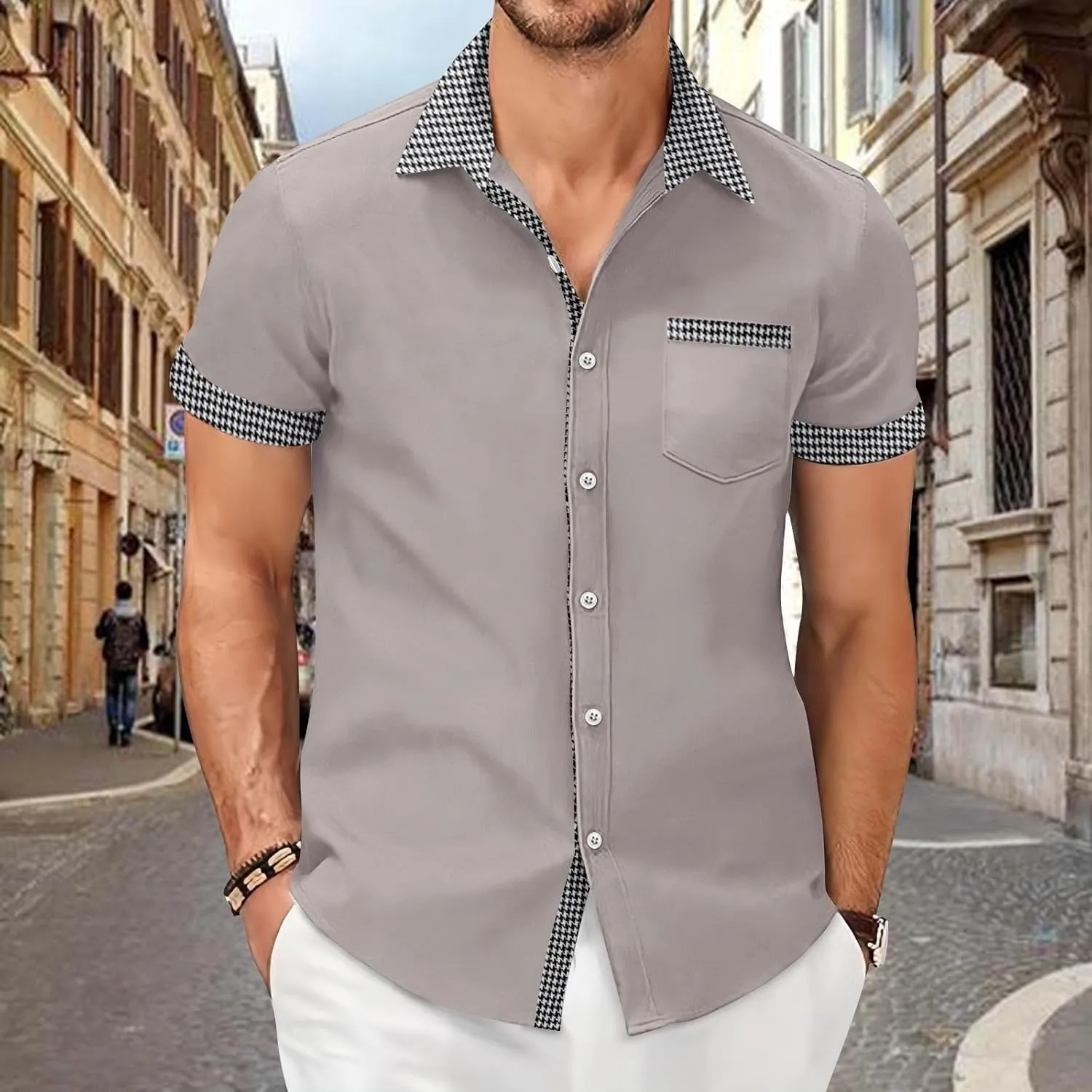 Men's Houndstooth Shirt Short Sleeve Button Down Casual Business Top Pocket Breathable Summer Office Work Smart Casual Tee