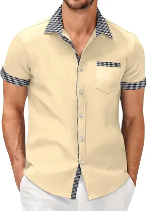 Men's Houndstooth Shirt Short Sleeve Button Down Casual Business Top Pocket Breathable Summer Office Work Smart Casual Tee