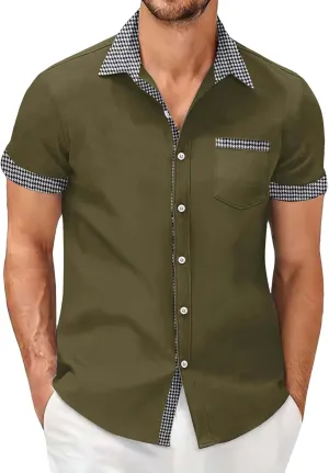Men's Houndstooth Shirt Short Sleeve Button Down Casual Business Top Pocket Breathable Summer Office Work Smart Casual Tee
