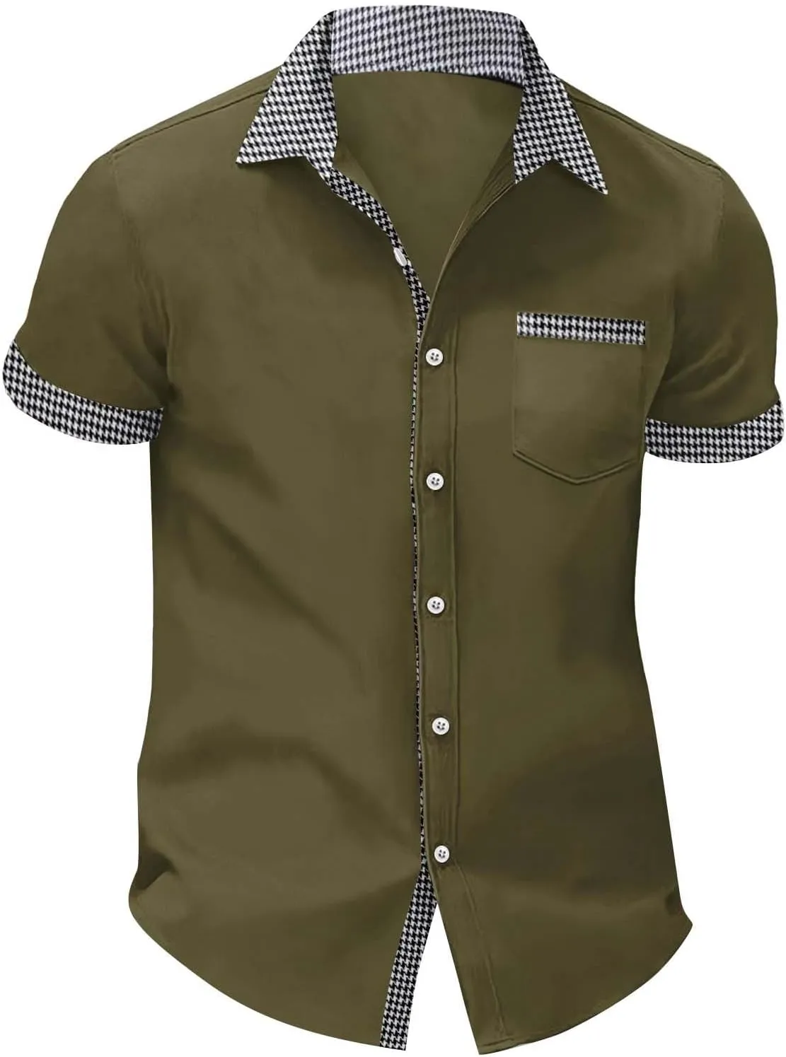 Men's Houndstooth Shirt Short Sleeve Button Down Casual Business Top Pocket Breathable Summer Office Work Smart Casual Tee