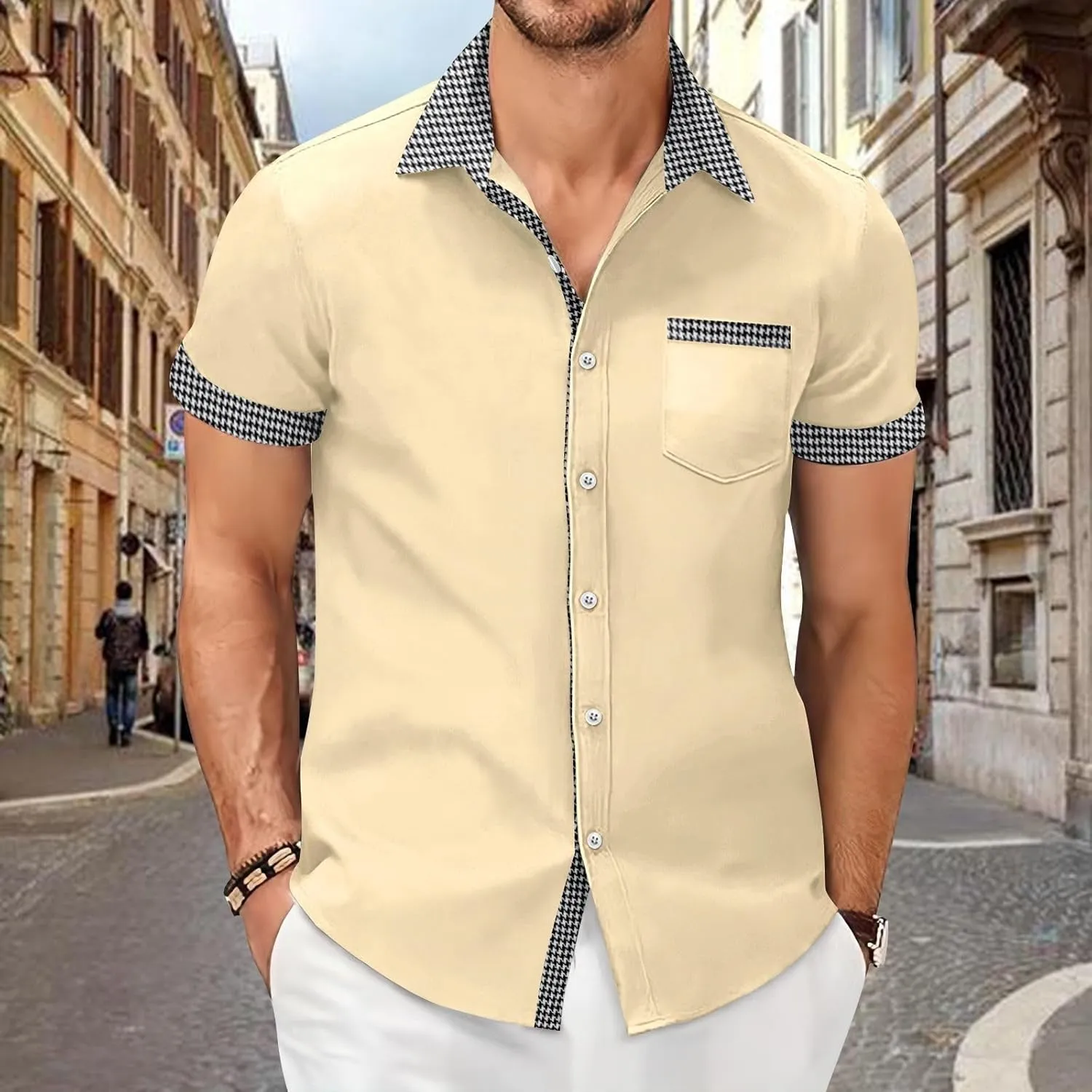 Men's Houndstooth Shirt Short Sleeve Button Down Casual Business Top Pocket Breathable Summer Office Work Smart Casual Tee