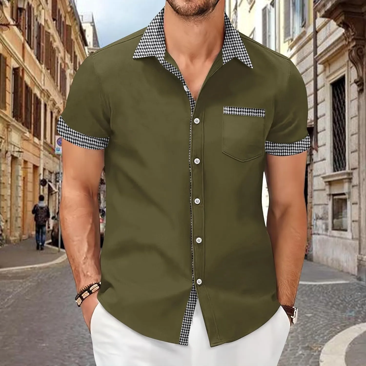 Men's Houndstooth Shirt Short Sleeve Button Down Casual Business Top Pocket Breathable Summer Office Work Smart Casual Tee
