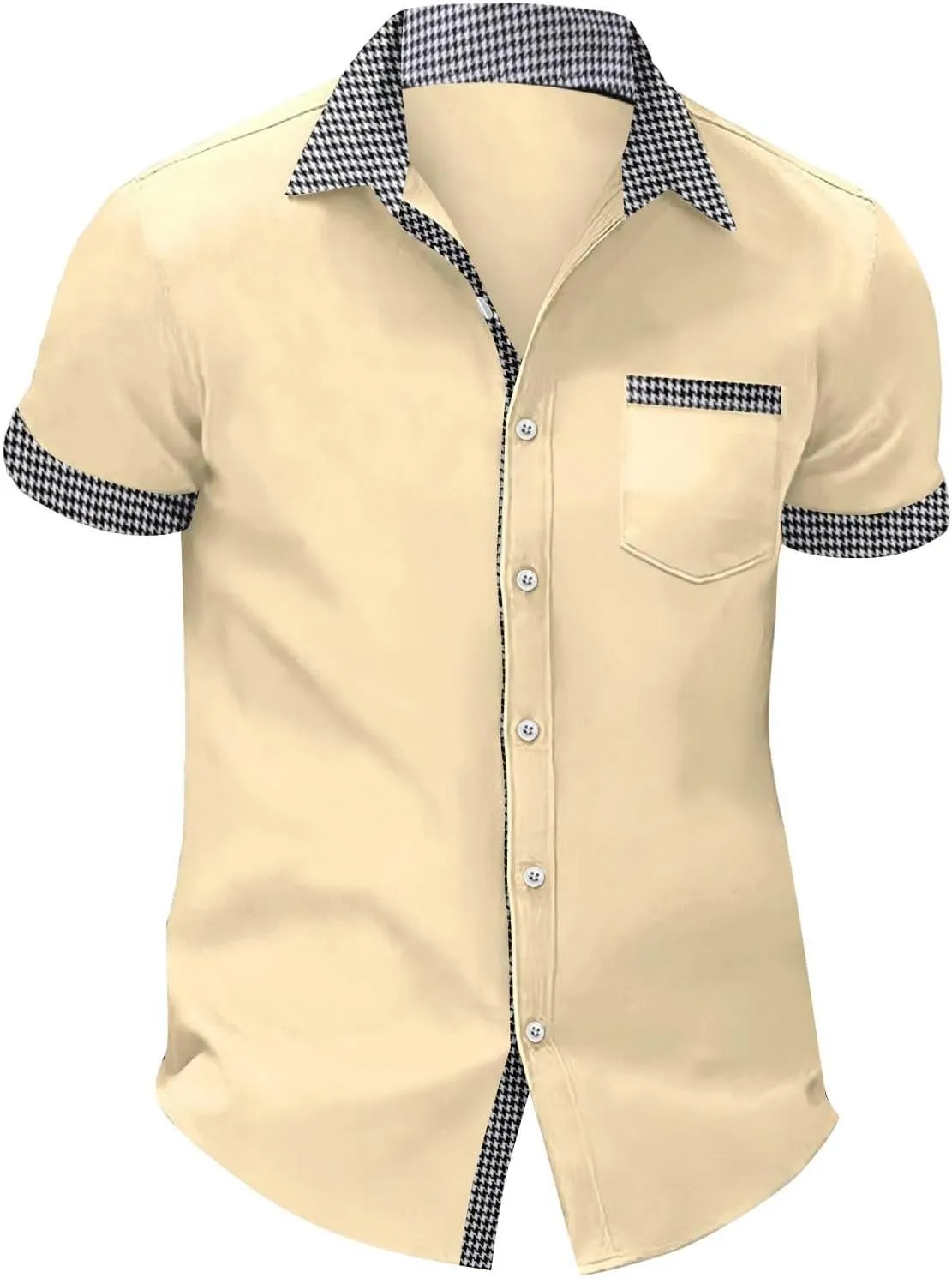 Men's Houndstooth Shirt Short Sleeve Button Down Casual Business Top Pocket Breathable Summer Office Work Smart Casual Tee