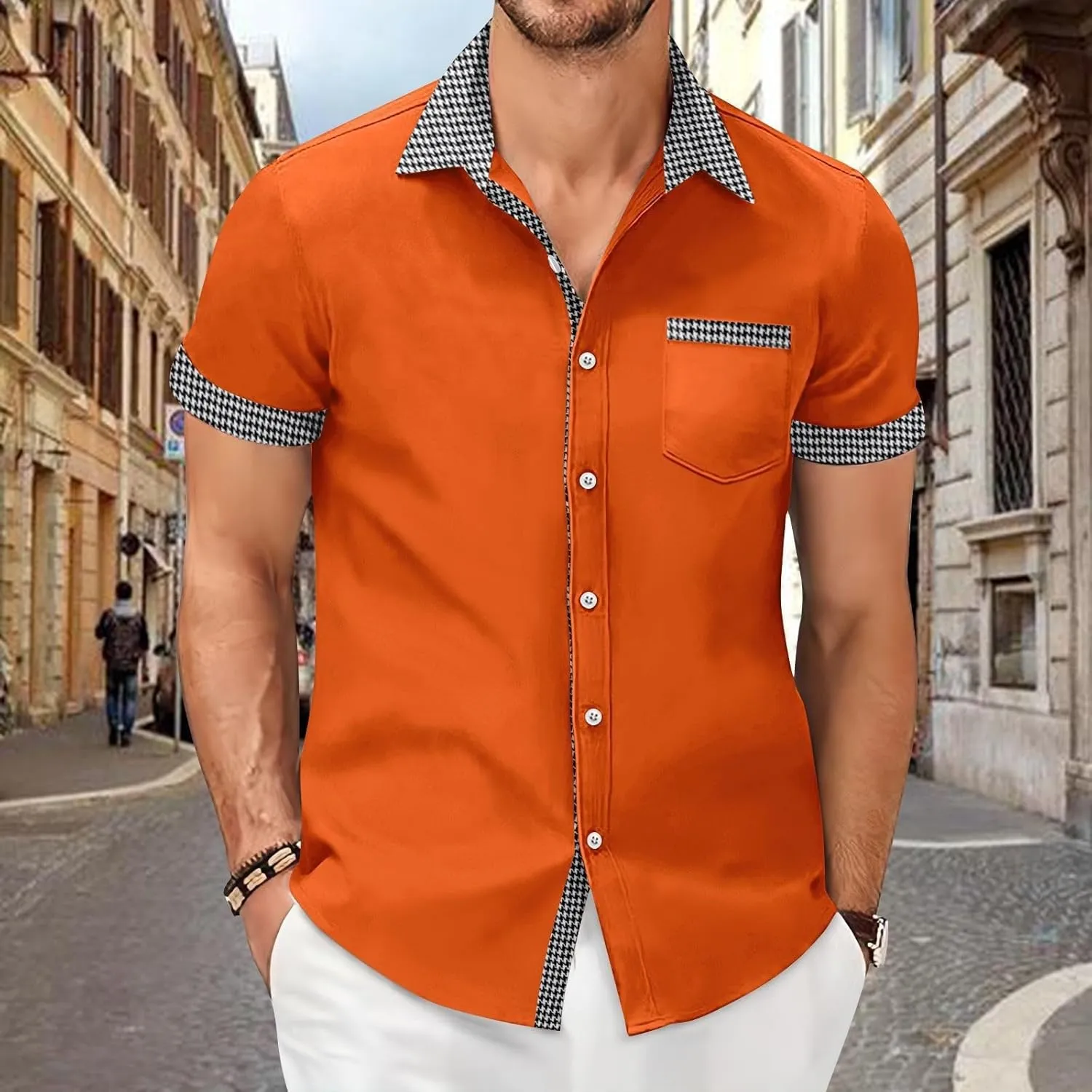 Men's Houndstooth Shirt Short Sleeve Button Down Casual Business Top Pocket Breathable Summer Office Work Smart Casual Tee