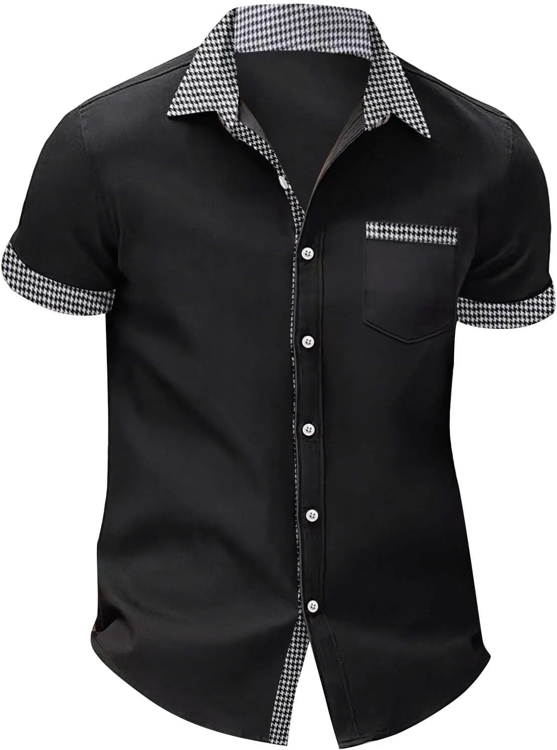 Men's Houndstooth Shirt Short Sleeve Button Down Casual Business Top Pocket Breathable Summer Office Work Smart Casual Tee