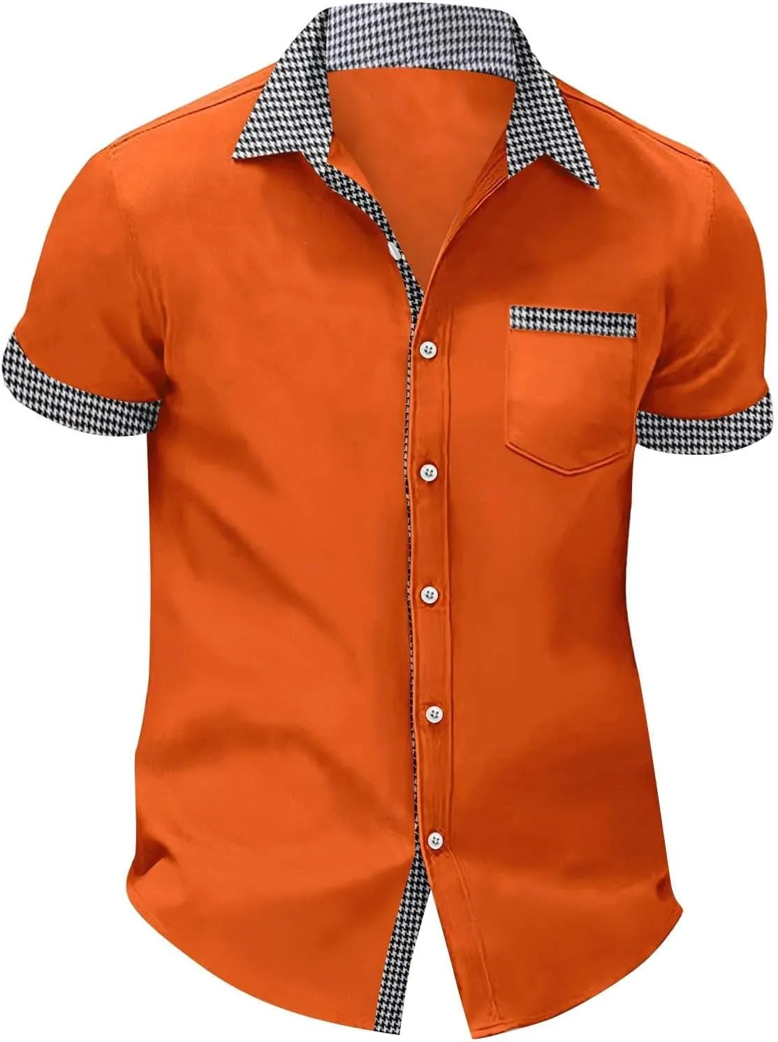 Men's Houndstooth Shirt Short Sleeve Button Down Casual Business Top Pocket Breathable Summer Office Work Smart Casual Tee