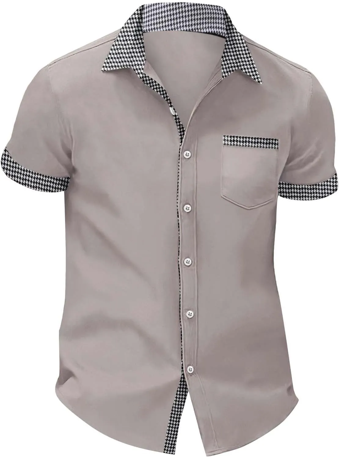 Men's Houndstooth Shirt Short Sleeve Button Down Casual Business Top Pocket Breathable Summer Office Work Smart Casual Tee
