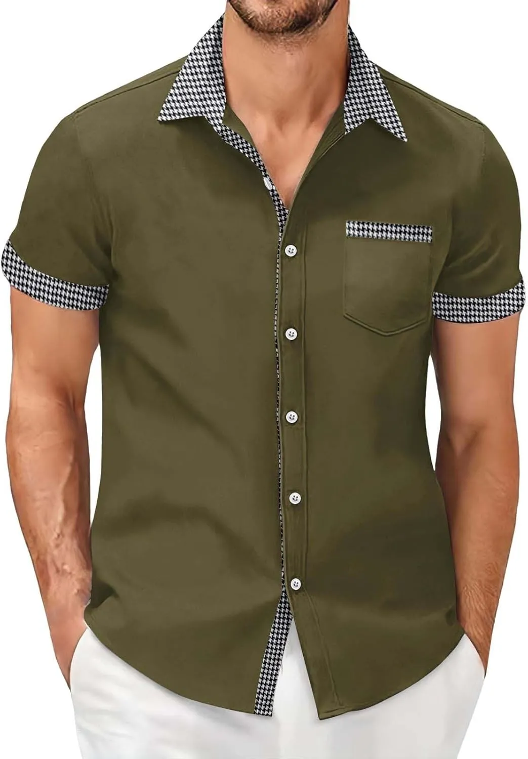 Men's Houndstooth Shirt Short Sleeve Button Down Casual Business Top Pocket Breathable Summer Office Work Smart Casual Tee