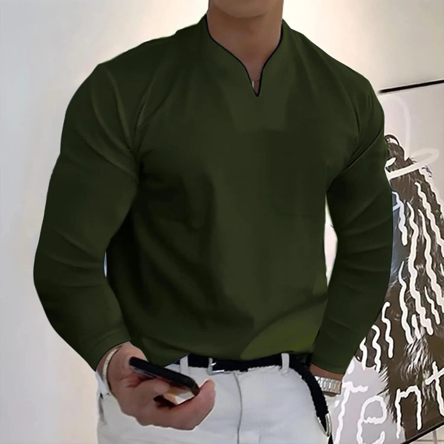 Mens Long Sleeve T Shirts Fashion Work V Neck Golf Pullover Tops Solid Color Loose Wedding Formal Business Basic Tees