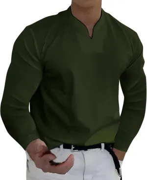 Mens Long Sleeve T Shirts Fashion Work V Neck Golf Pullover Tops Solid Color Loose Wedding Formal Business Basic Tees