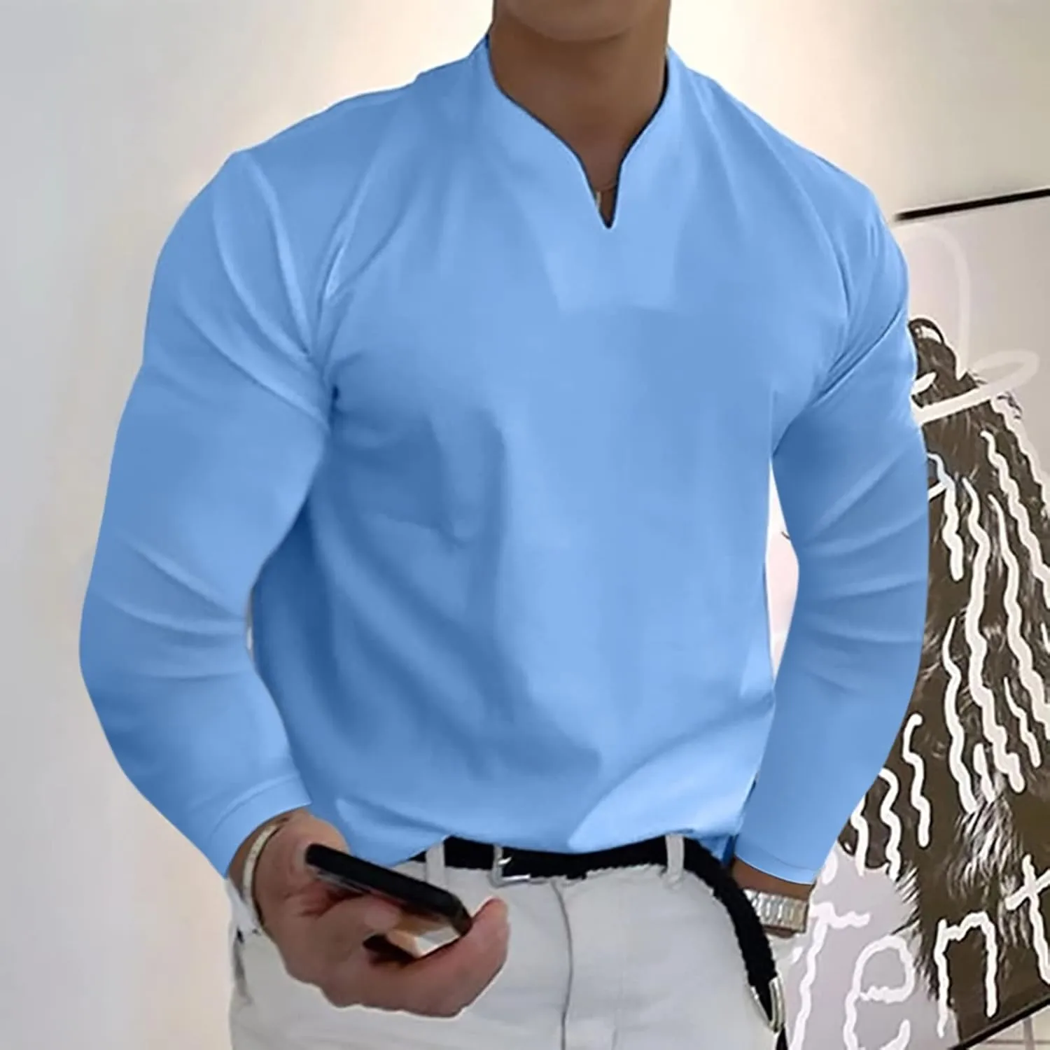 Mens Long Sleeve T Shirts Fashion Work V Neck Golf Pullover Tops Solid Color Loose Wedding Formal Business Basic Tees