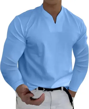 Mens Long Sleeve T Shirts Fashion Work V Neck Golf Pullover Tops Solid Color Loose Wedding Formal Business Basic Tees