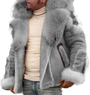 Mens Shearling Leather Coat Thicken Warm Long Sleeve Faux Fur Collar Sherpa Coats Big and Tall Parka Jackets