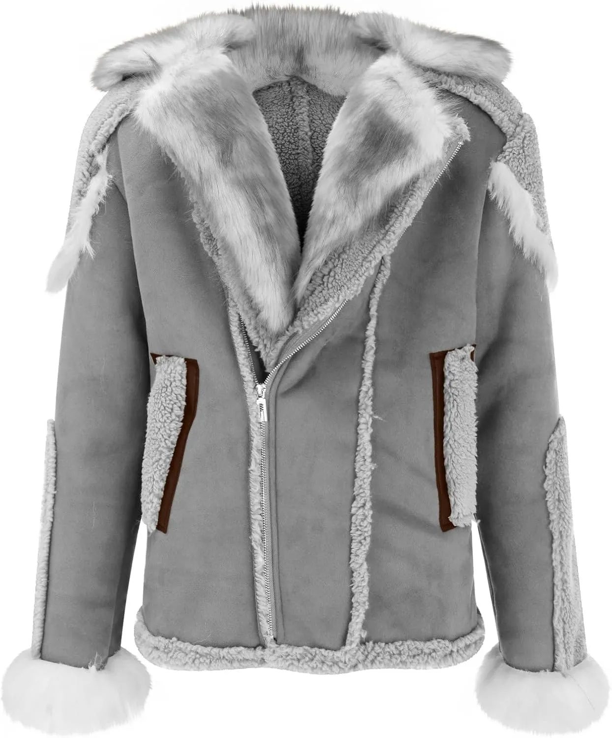 Mens Shearling Leather Coat Thicken Warm Long Sleeve Faux Fur Collar Sherpa Coats Big and Tall Parka Jackets