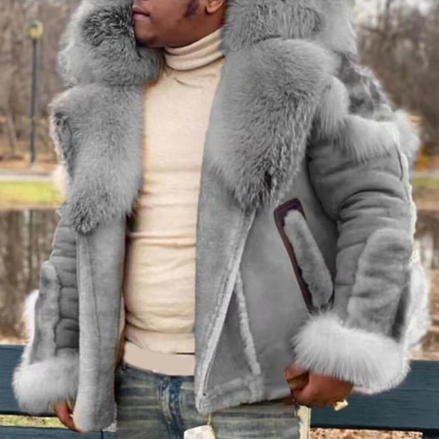 Mens Shearling Leather Coat Thicken Warm Long Sleeve Faux Fur Collar Sherpa Coats Big and Tall Parka Jackets
