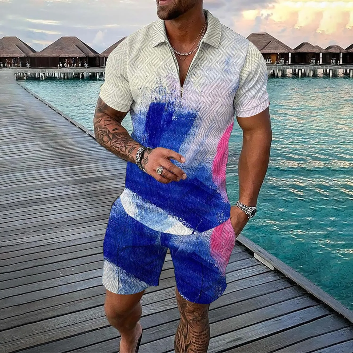 Mens Short Sets 2 Piece Outfits Polo Shirt Hawaiian Summer Tracksuits Casual Set Short Sleeve and Shorts Set for Men