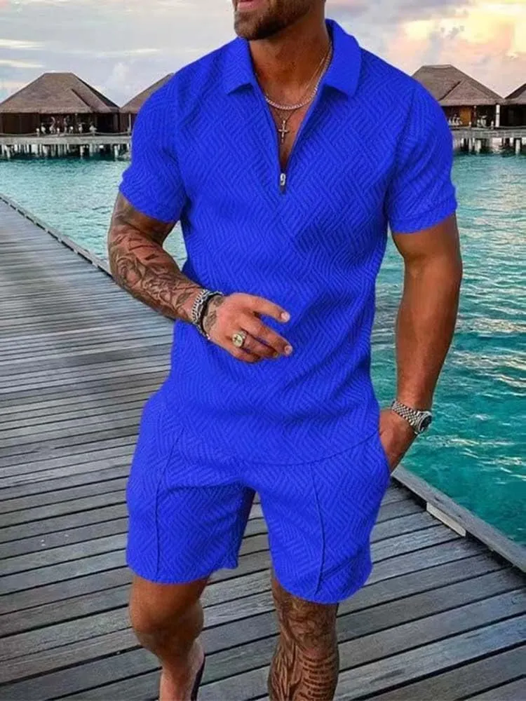 Mens Short Sets Summer 2 Piece Outfits Textured Short Sleeve Zipper Polo Shirts and Drawstring Shorts Sport Tracksuit