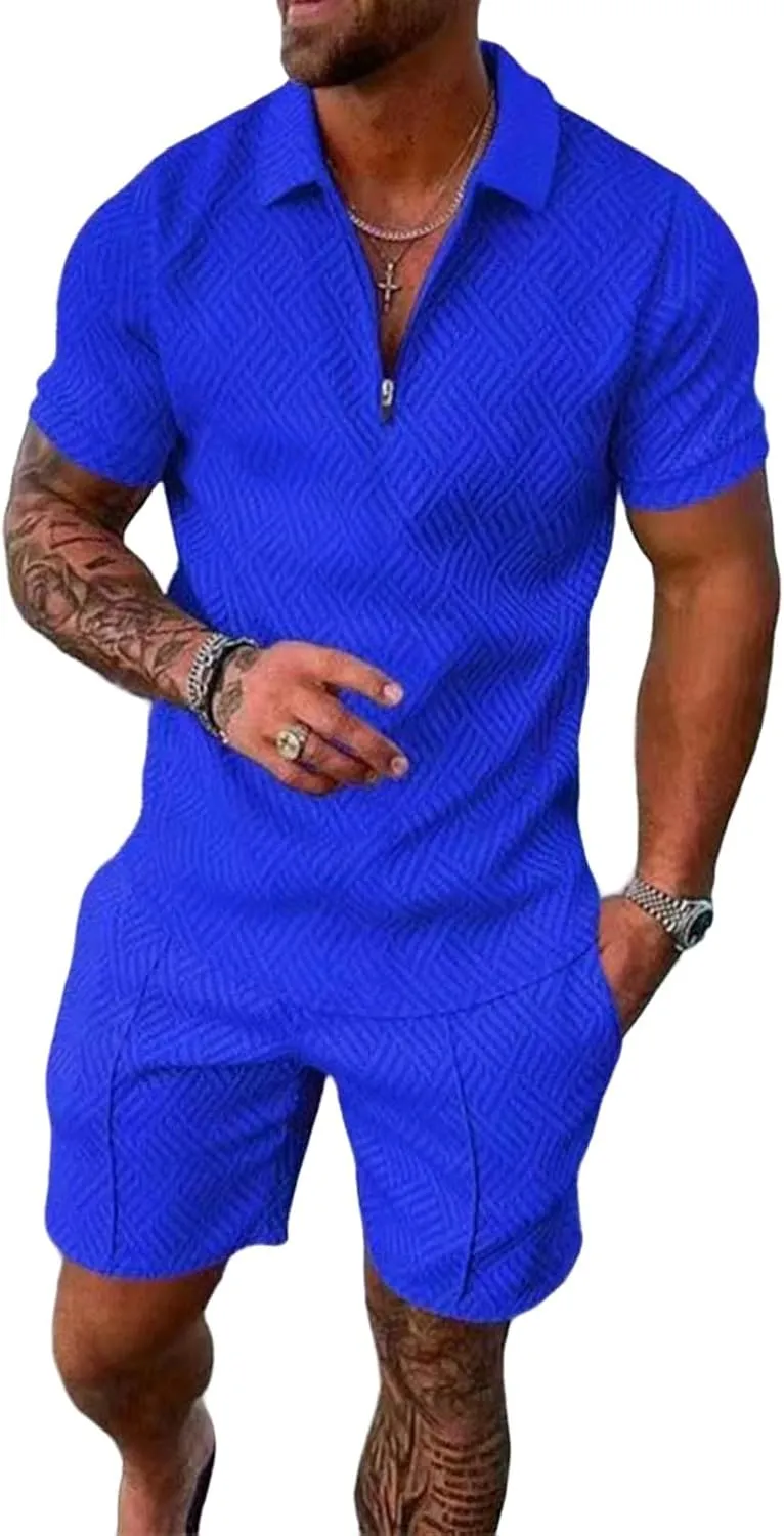 Mens Short Sets Summer 2 Piece Outfits Textured Short Sleeve Zipper Polo Shirts and Drawstring Shorts Sport Tracksuit