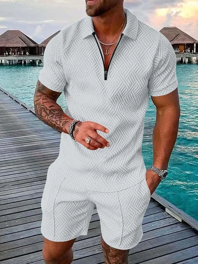 Mens Short Sets Summer 2 Piece Outfits Textured Short Sleeve Zipper Polo Shirts and Drawstring Shorts Sport Tracksuit