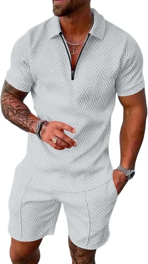 Mens Short Sets Summer 2 Piece Outfits Textured Short Sleeve Zipper Polo Shirts and Drawstring Shorts Sport Tracksuit