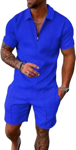 Mens Short Sets Summer 2 Piece Outfits Textured Short Sleeve Zipper Polo Shirts and Drawstring Shorts Sport Tracksuit